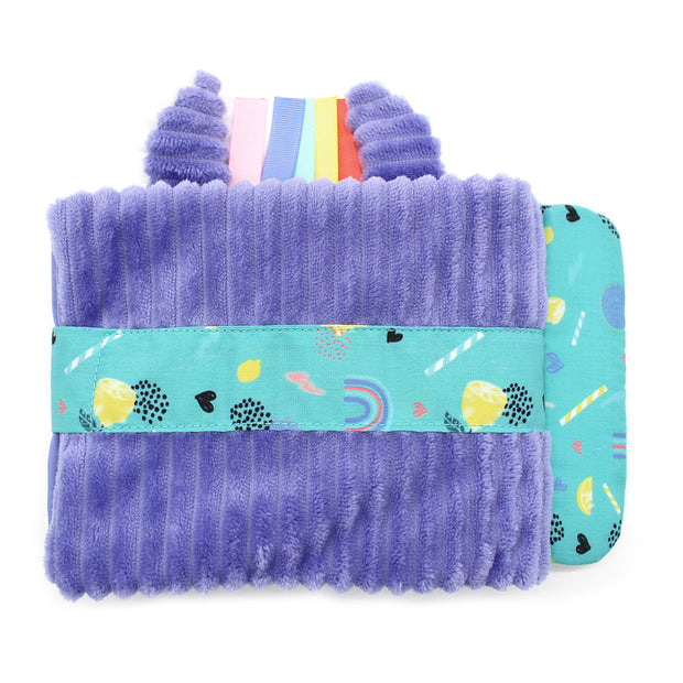 Les Deglingos Baby Fotoalbum Zebra Kiprokos Rückseite – weiches Stoff-Fotoalbum für Babys mit buntem Band