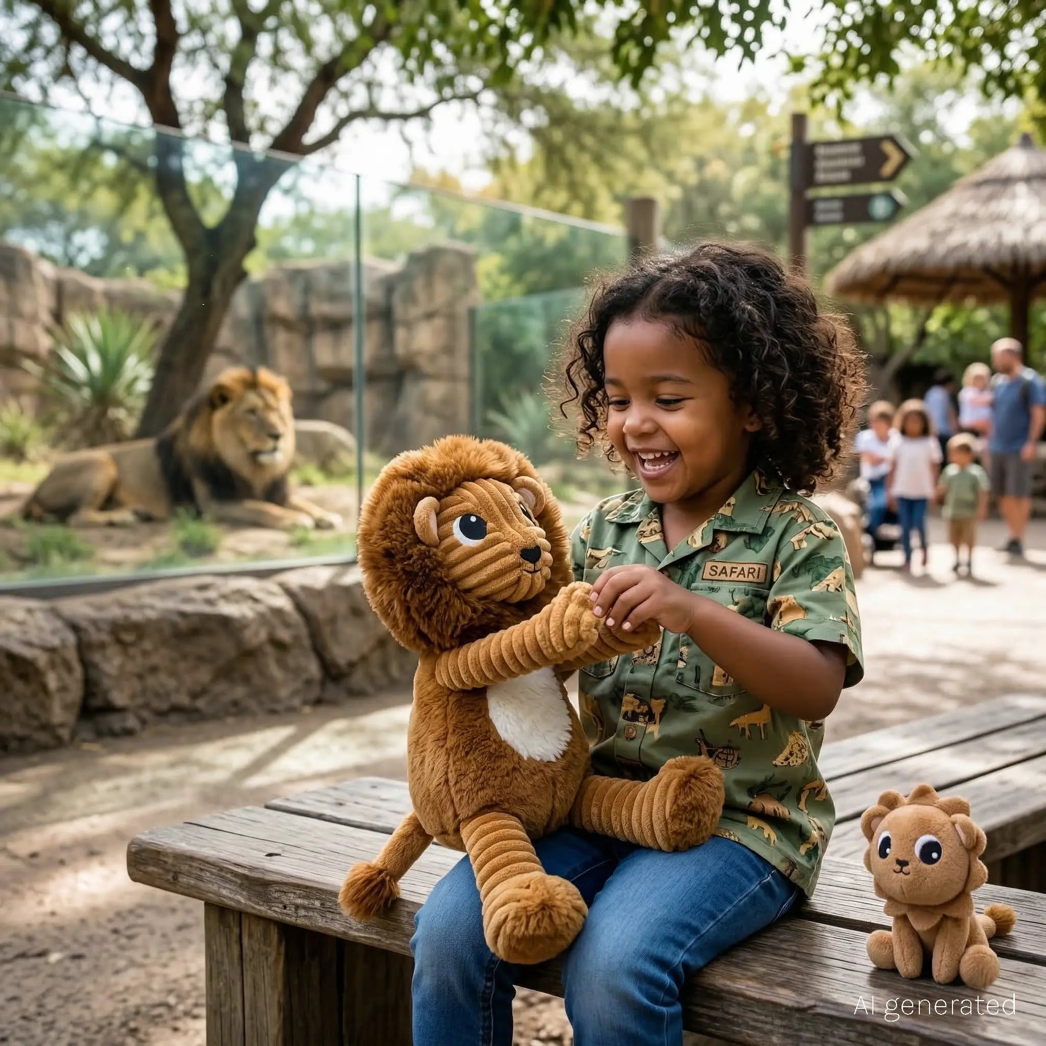 Kind sitzt im Zoo und spielt mit einem Löwen Kuscheltier Mama und Baby aus weichem Plüsch