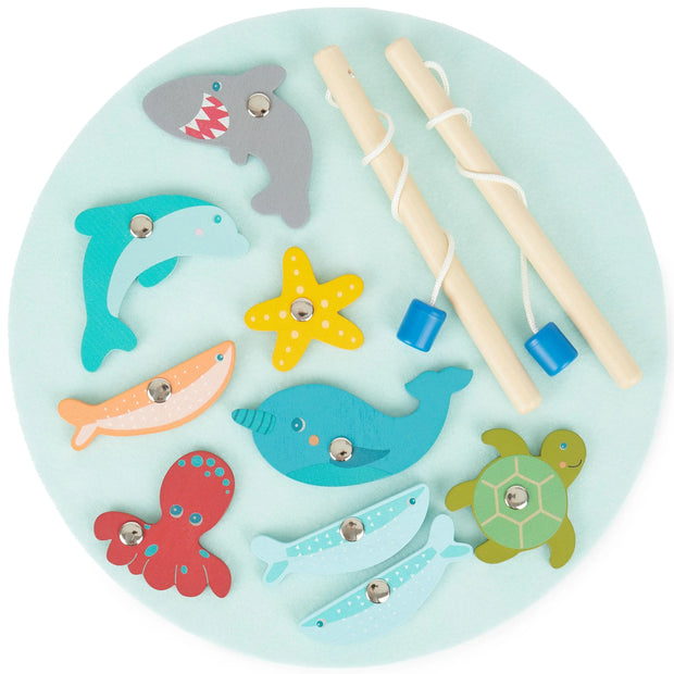 Magnet-Angelspiel aus Holz von Bieco mit bunten Meerestieren und zwei Angelruten – Montessori Lernspiel zur Förderung von Motorik, Konzentration und Hand-Auge-Koordination für Kinder