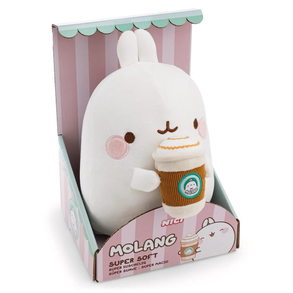 MOLANG Kuscheltier 16 cm mit Kaffeebecher in niedlicher rosa-grüner Geschenkverpackung – kuschelweicher weißer Plüschhase.