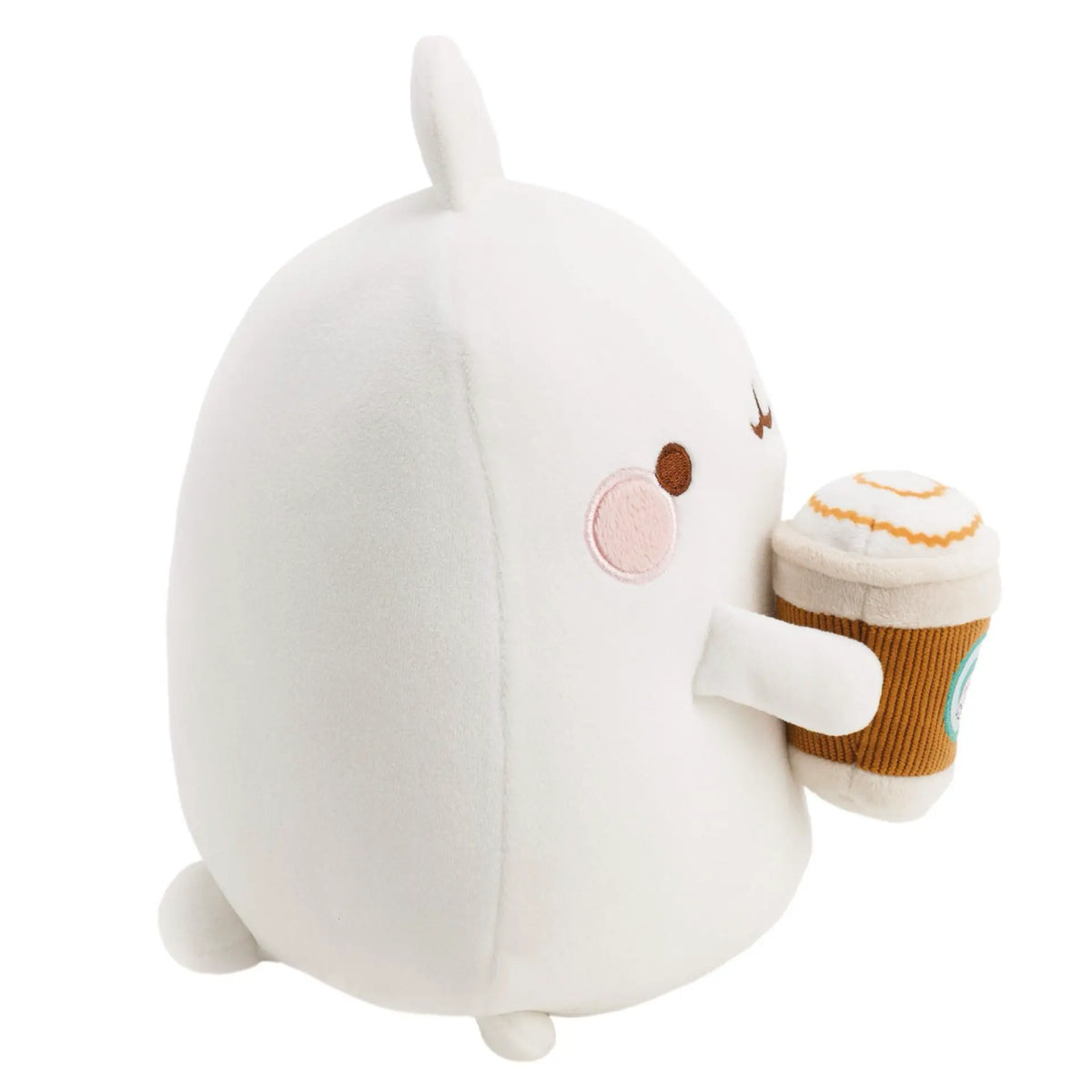 MOLANG Kuscheltier 16 cm aus weißem Softplüsch mit braunem Kaffeebecher und Milchschaum – Seitenprofil mit rosa Wange und kleinen Hasenohren.