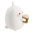 MOLANG Kuscheltier 16 cm aus weißem Softplüsch mit braunem Kaffeebecher und Milchschaum – Seitenprofil mit rosa Wange und kleinen Hasenohren.