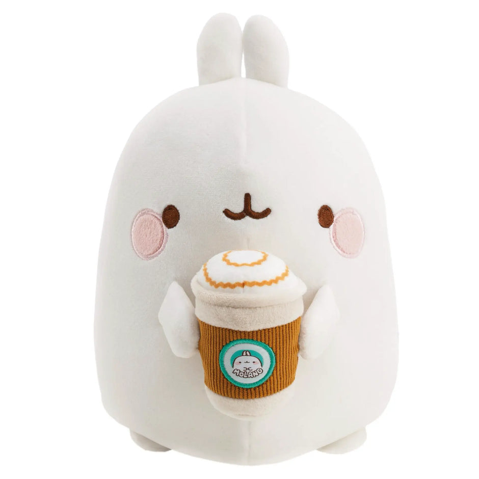 MOLANG Kuscheltier 16 cm in Weiß mit rosa Wangen und braunem Kaffeebecher mit Milchschaum – Vorderansicht des weichen Plüschhasen.