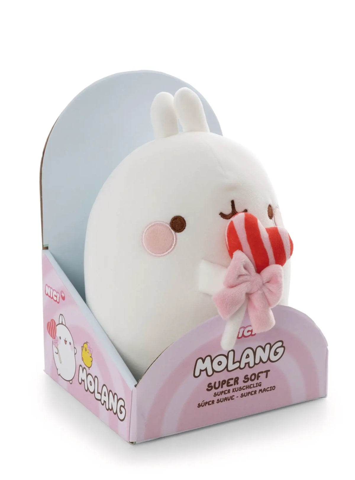 MOLANG Kuscheltier 16 cm mit rot-rosa gestreiftem Herz-Lolli und rosa Schleife in originaler MOLANG Geschenkverpackung.