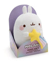 MOLANG Kuscheltier 16 cm mit gelber Sternschnuppe und buntem Schweif in dekorativer Geschenkverpackung – Vorderansicht.