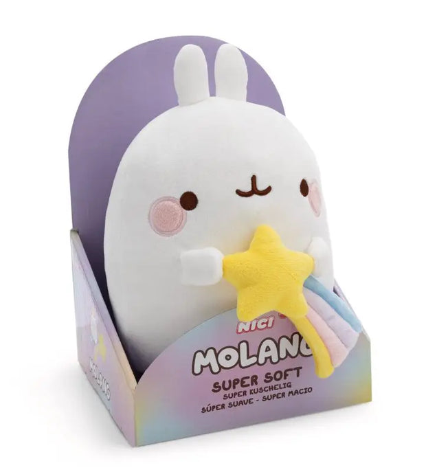 MOLANG Kuscheltier 16 cm mit gelber Sternschnuppe und buntem Schweif in dekorativer Geschenkverpackung – Vorderansicht.