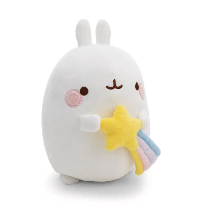 MOLANG Kuscheltier 16 cm aus weißem Plüsch mit gelber Sternschnuppe und pastellfarbenem Schweif – seitliche Vorderansicht.
