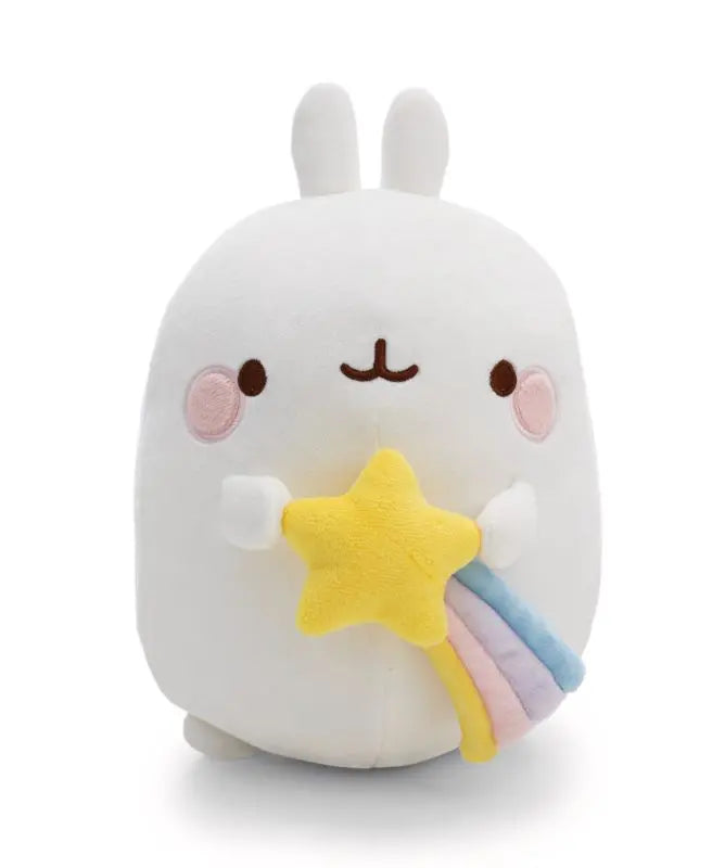 MOLANG Kuscheltier 16 cm in Weiß mit rosa Wangen und gelber Sternschnuppe mit pastellfarbenem Schweif – Vorderansicht.