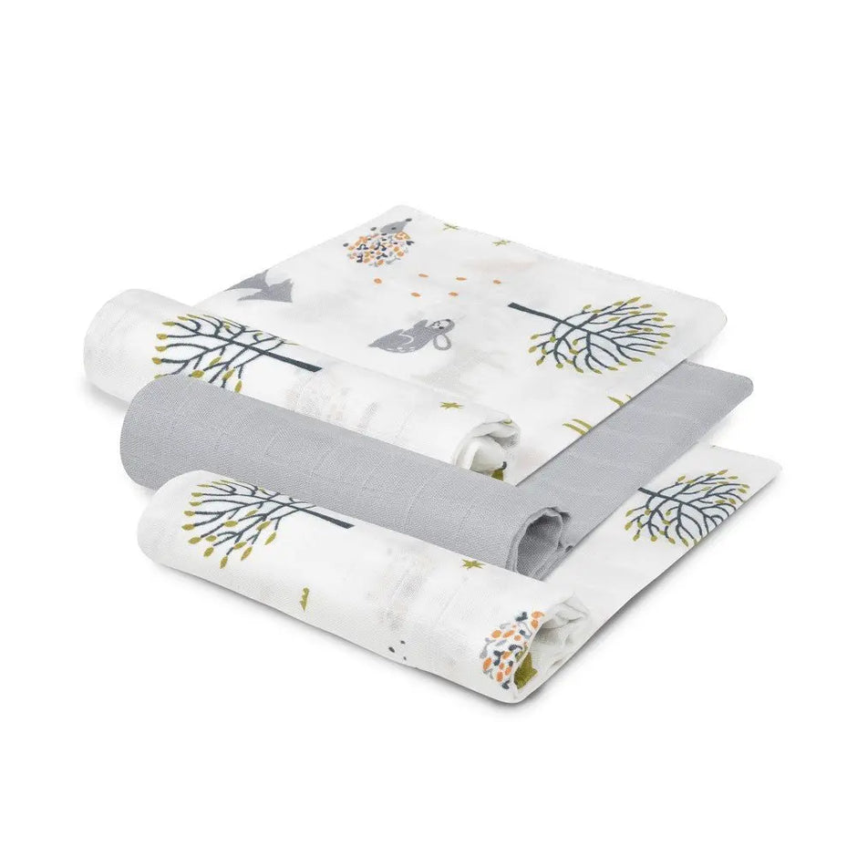 3er Set Mulltücher für Babys in Grau und Weiß mit Tier- und Baummotiv