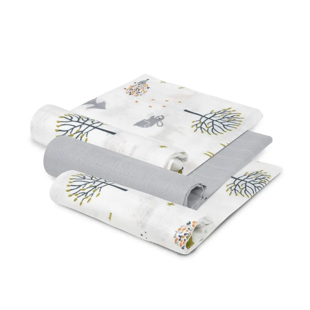 3er Set Mulltücher für Babys in Grau und Weiß mit Tier- und Baummotiv