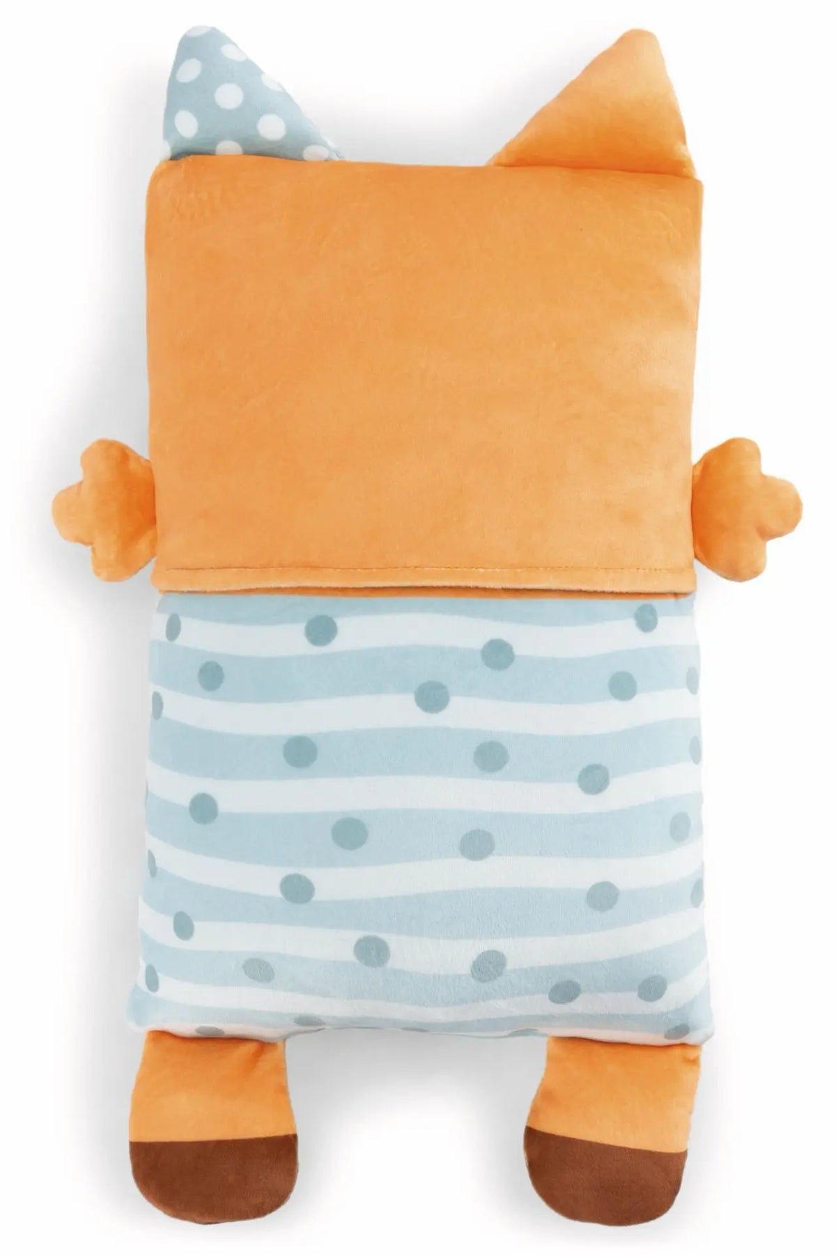 Rückseite des NICI Cosidoos Fuchs Kuscheltiers mit weichem Plüsch und blauem Streifenmuster