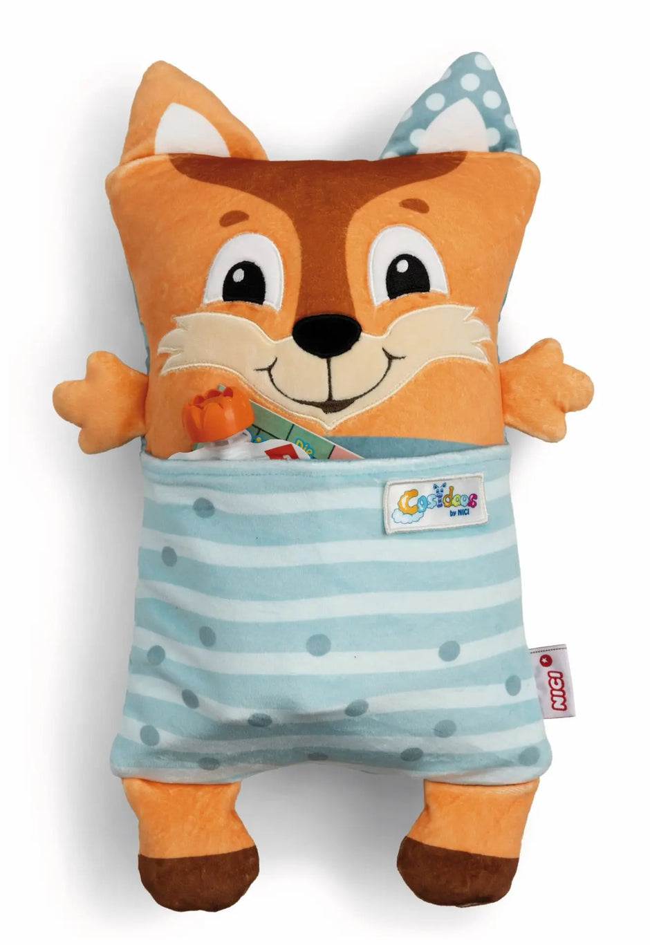 NICI Cosidoos Fuchs Kuscheltier mit praktischer Tasche im blau gestreiften Schlafanzug
