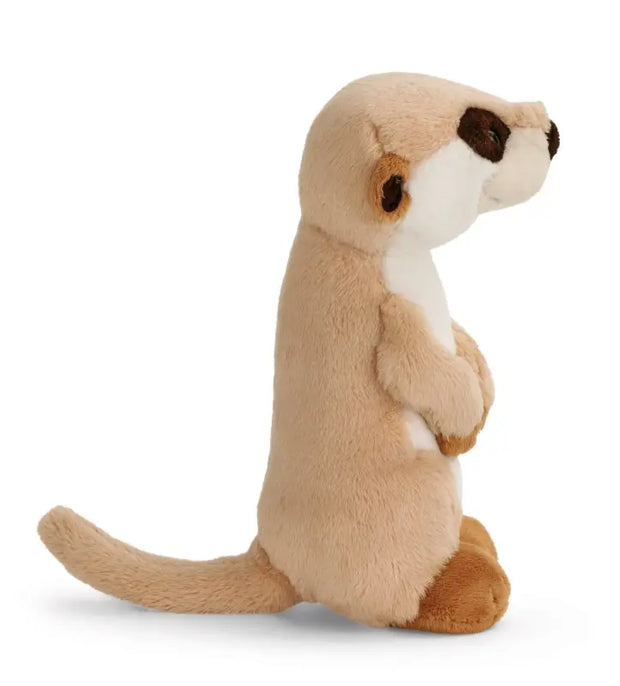 NICI Erdmännchen Plüschtier 20 cm in seitlicher Ansicht mit weichem beigem Fell, weißer Schnauze, braunen Pfoten und langem Schwanz.