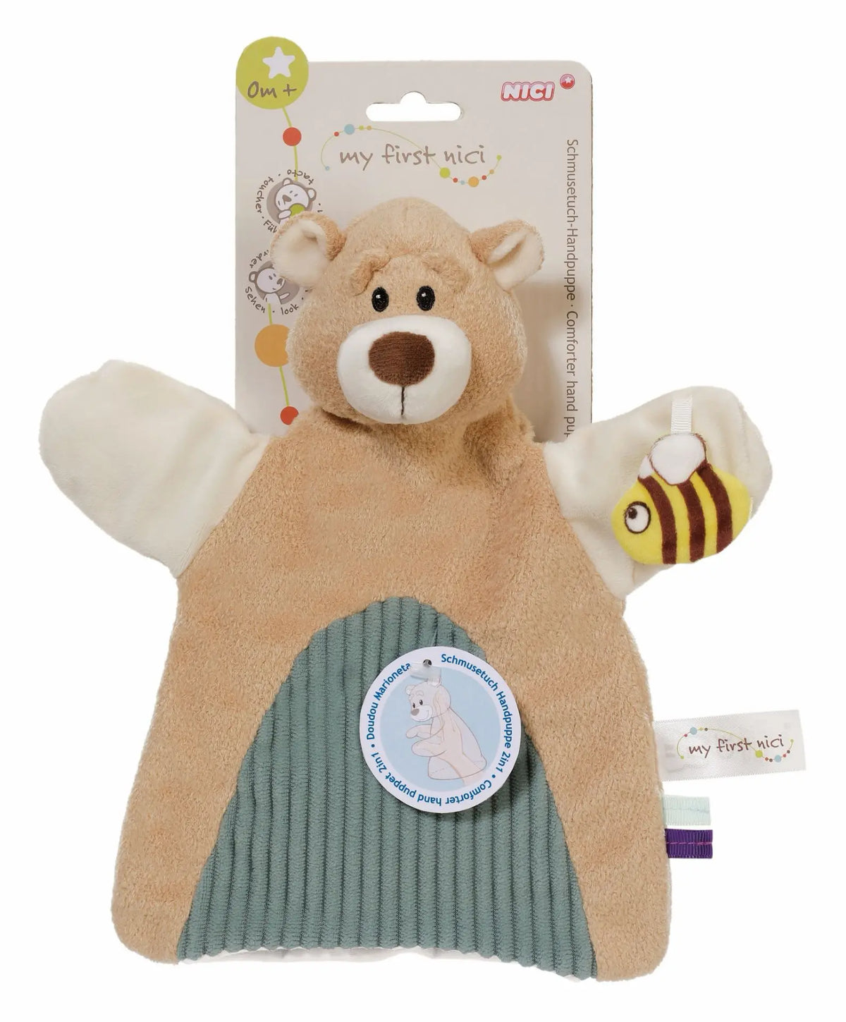NICI My First NICI Bär Handpuppe und Schmusetuch 2in1 in Originalverpackung mit grauem Rippbauch und gelb-brauner Biene.