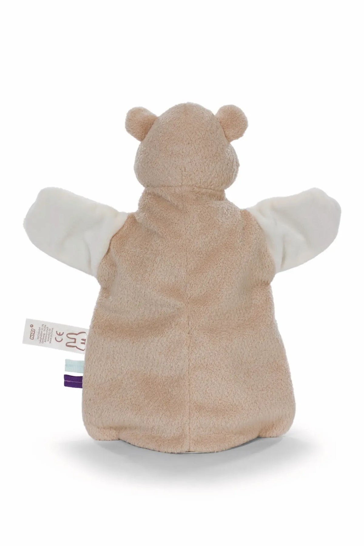 Rückansicht der NICI Bär Handpuppe aus der My First NICI Kollektion mit beigem Plüsch und weißen Armen.