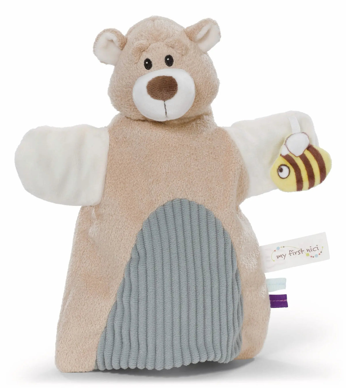 NICI Bär Handpuppe und Schmusetuch 2in1 aus weichem beigem Plüsch mit grauem Rippbauch und niedlicher Biene.