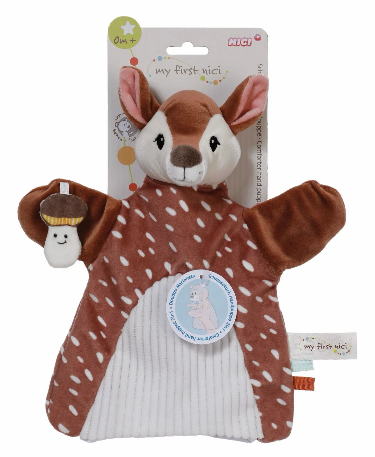 NICI My First NICI Handpuppe Reh in Originalverpackung mit braunem Plüsch, weißem Bauch und Pilz-Anhänger.