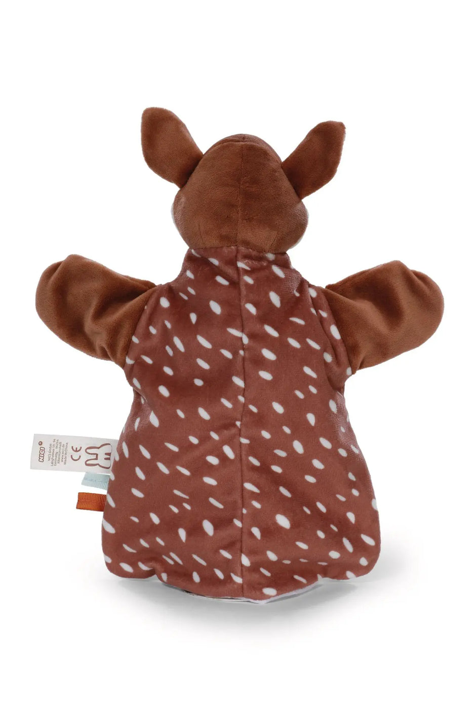 Rückseite der NICI Handpuppe Reh mit braunem Plüsch, weißen Punkten und ausgestreckten Armen.
