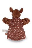 Rückseite der NICI Handpuppe Reh mit braunem Plüsch, weißen Punkten und ausgestreckten Armen.