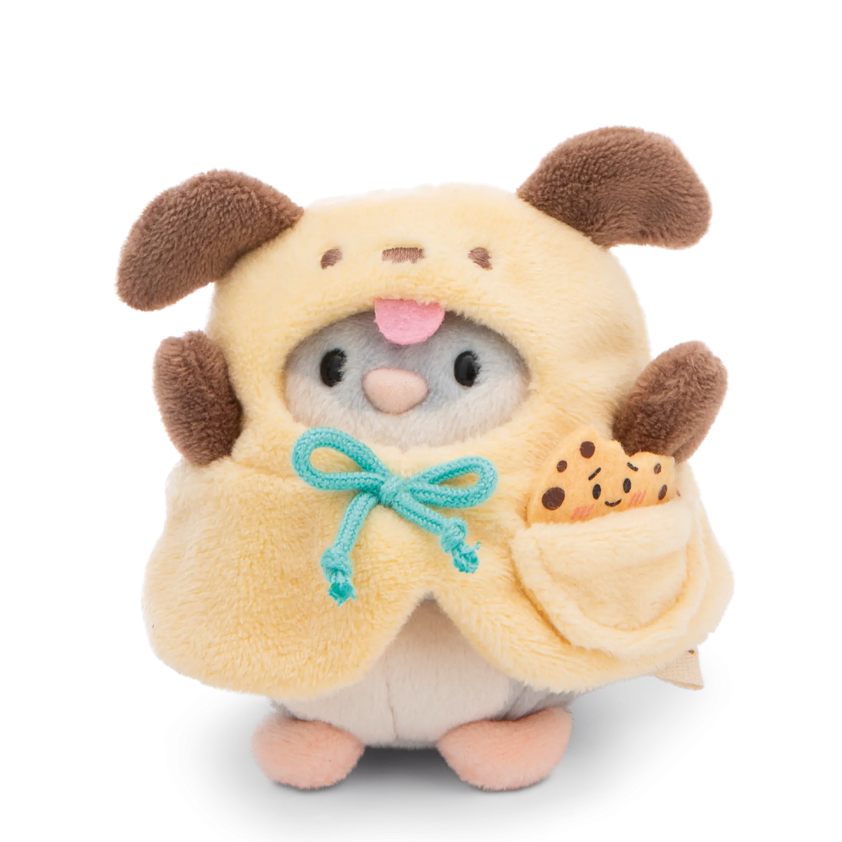 NICI mymochi Hamster Shai im gelben Hundekostüm mit braunen Ohren, türkiser Schleife und kleinem Keks.