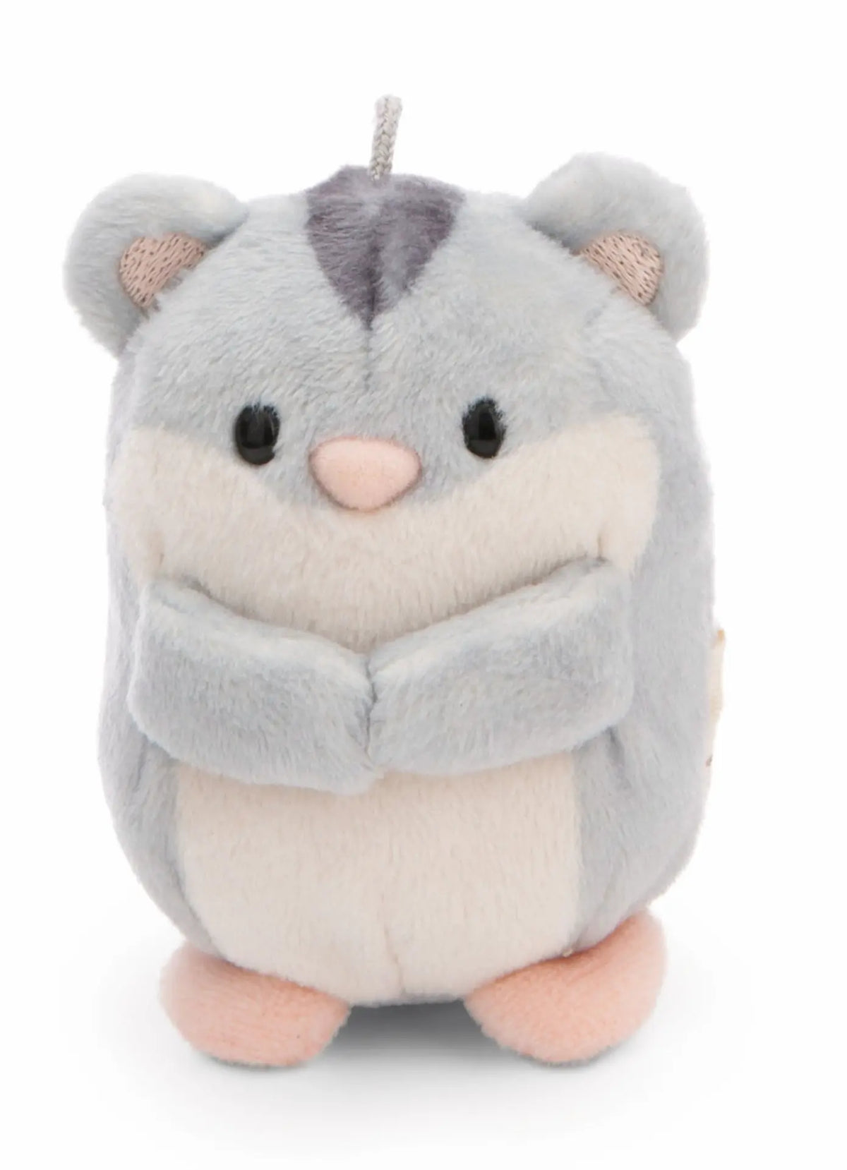 Grauer NICI mymochi Hamster Shai ohne Hundekostüm mit weißem Bauch, rosa Nase und kleinen Pfoten.