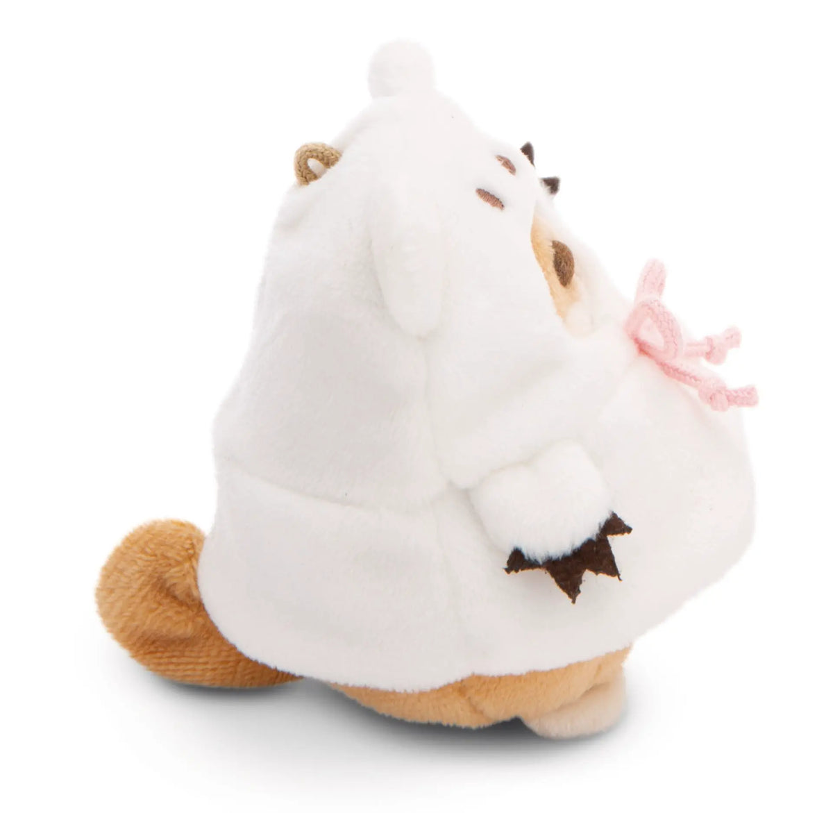 Seitliche Ansicht des NICI mymochi Shiba Inu Hiro im flauschigen weißen Bärenkostüm mit rosa Schleife und braunen Pfoten