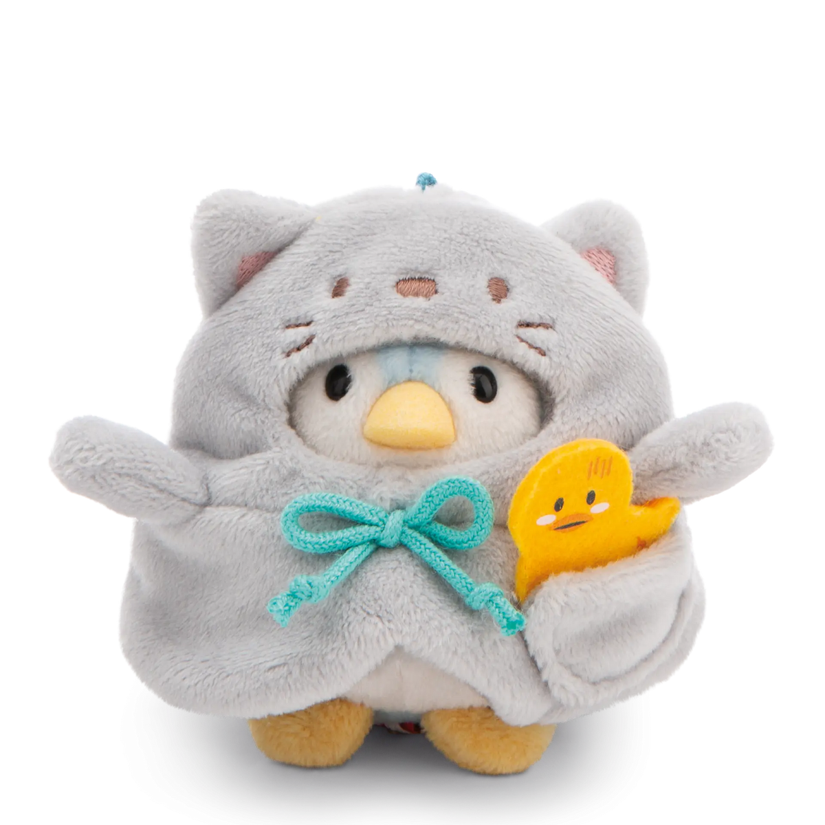 NICI mymochi Pinguin Waddle im grauen Katzenkostüm mit gelber Ente und türkisfarbener Schleife