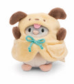 NICI mymochi Kuscheltier Shai als Hamster im gelben Hundekostüm mit braunen Schlappohren und türkiser Schleife.