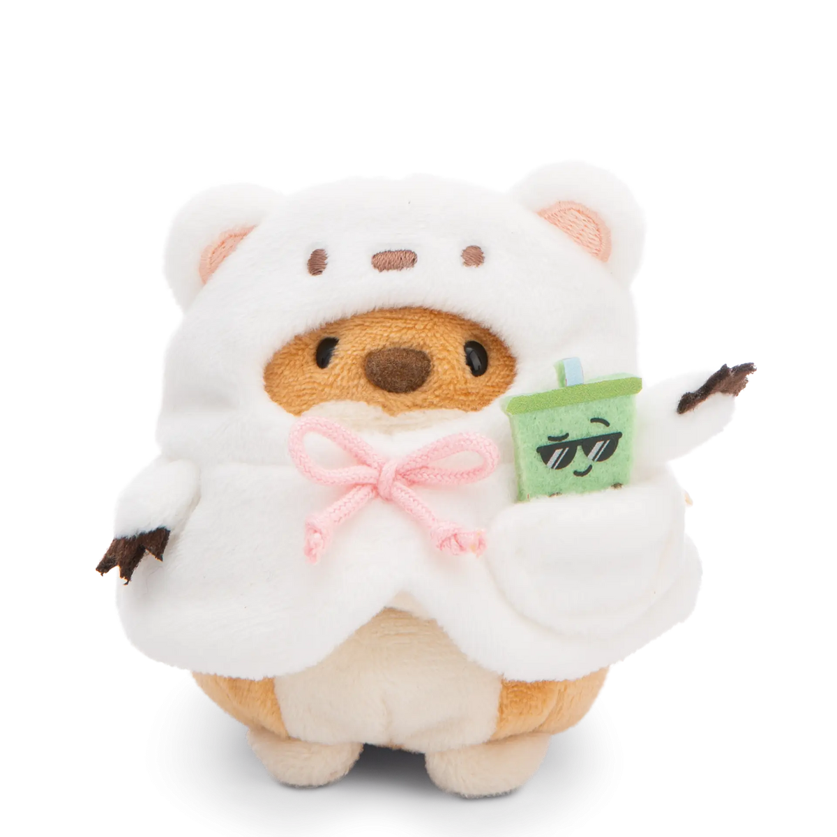 NICI mymochi Shiba Inu Hiro im weißen Bärenkostüm mit rosa Schleife und grünem Bubble Tea