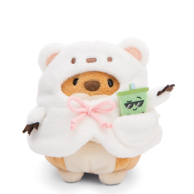 NICI mymochi Shiba Inu Hiro im weißen Bärenkostüm mit rosa Schleife und grünem Bubble Tea