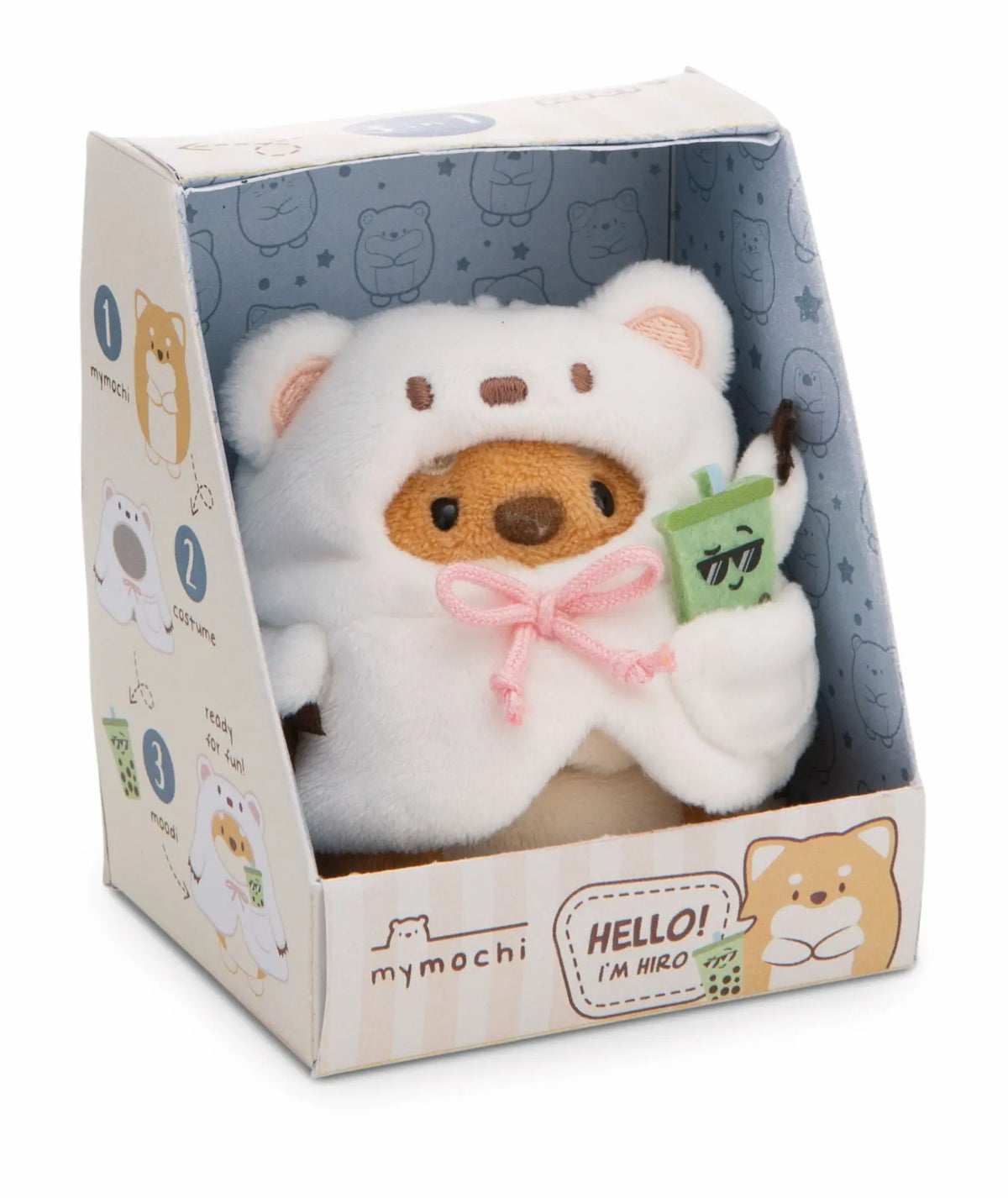 NICI mymochi Shiba Inu Hiro im weißen Bärenkostüm mit Bubble Tea in der originalen mymochi Geschenkverpackung