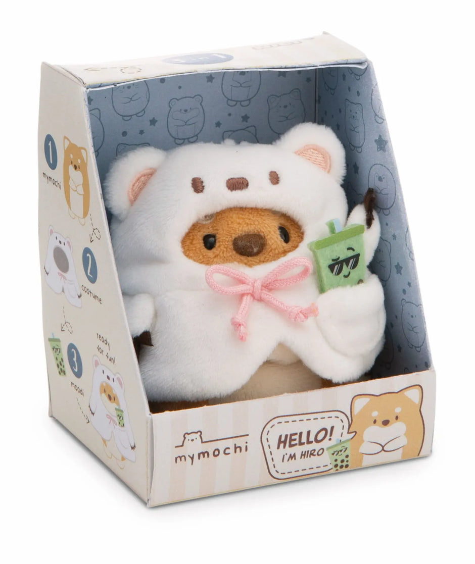 NICI mymochi Shiba Inu Hiro im weißen Bärenkostüm mit Bubble Tea in der originalen mymochi Geschenkverpackung