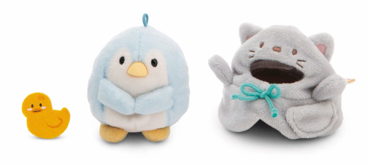 NICI mymochi Kuscheltier-Set mit Pinguin Waddle, gelber Ente und abnehmbarem Katzenkostüm