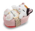 NICI Sleeping Pets Glückskatze 12 cm schlafend im hellrosa Plüschkörbchen mit originaler NICI Banderole und niedlichen rosa Pfoten