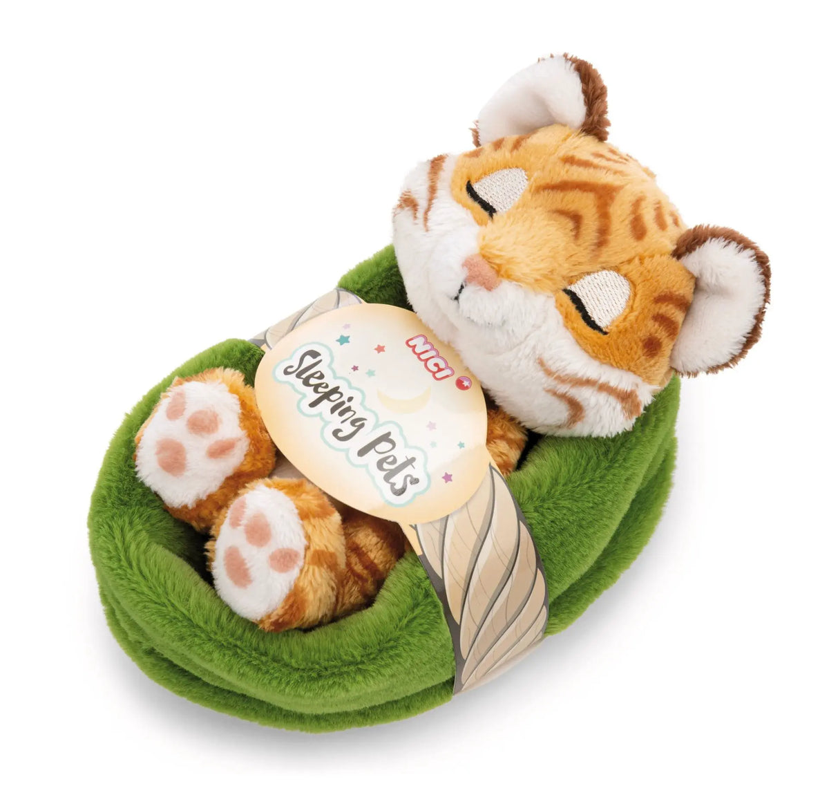 NICI Sleeping Pets Tigerbaby mit orangefarbenem Streifenfell und geschlossenen Augen im grünen Plüschkörbchen mit Originalbanderole.