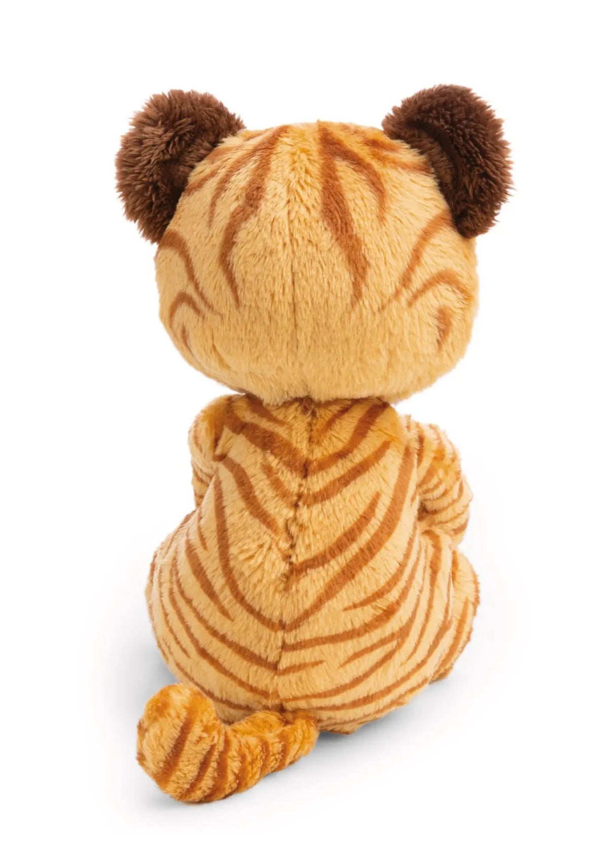 Rückansicht des NICI Sleeping Pets Tigerbabys mit orangebraunem Streifenmuster, dunklen Ohren und gestreiftem Schwanz.
