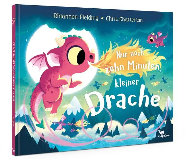 Bilderbuch „Nur noch zehn Minuten, kleiner Drache“ von Magellan mit kleinem pinken Drachen auf dem Cover