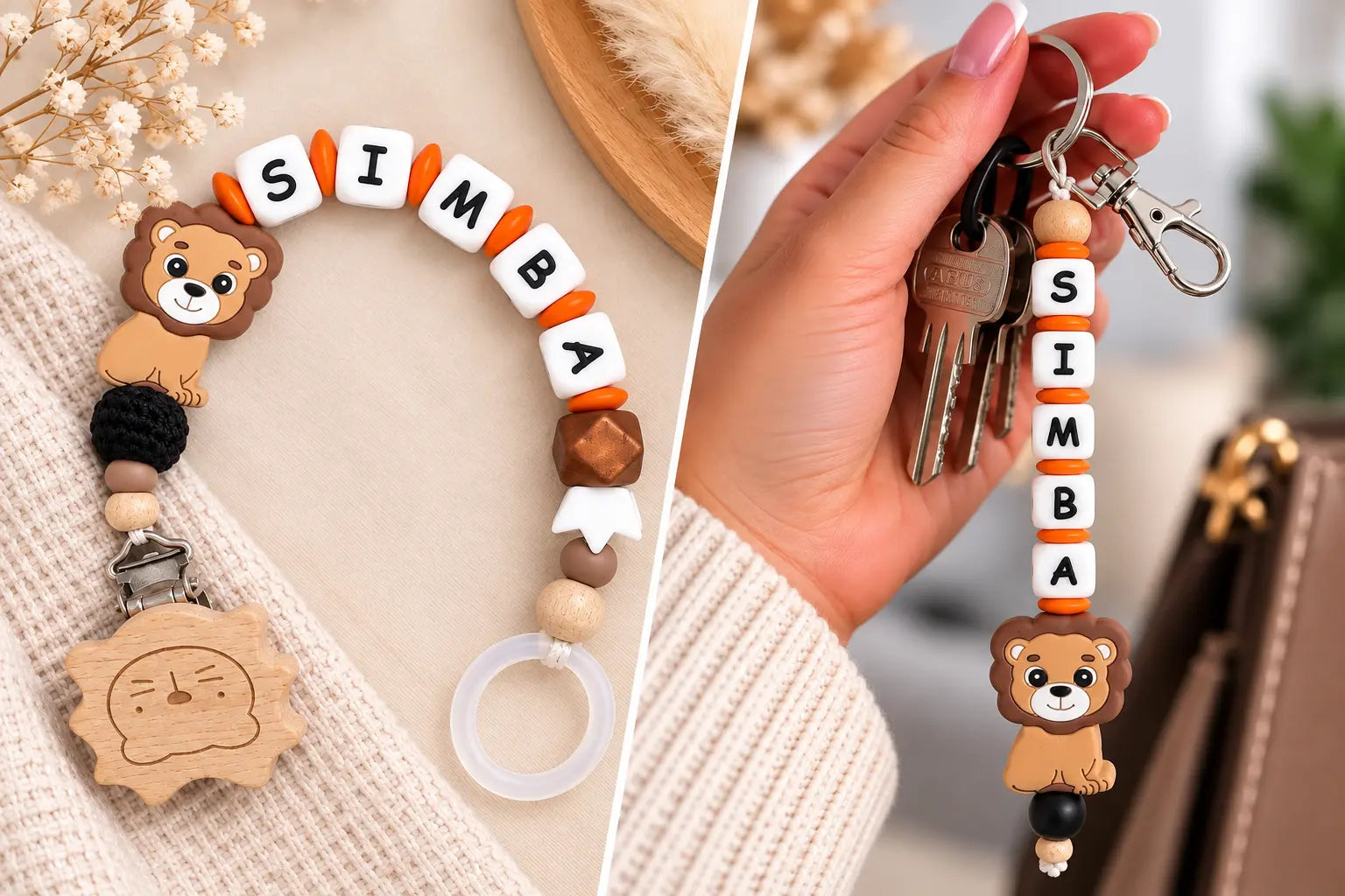 Personalisierte Schnullerkette und Schlüsselanhänger mit Namen von BabyLions