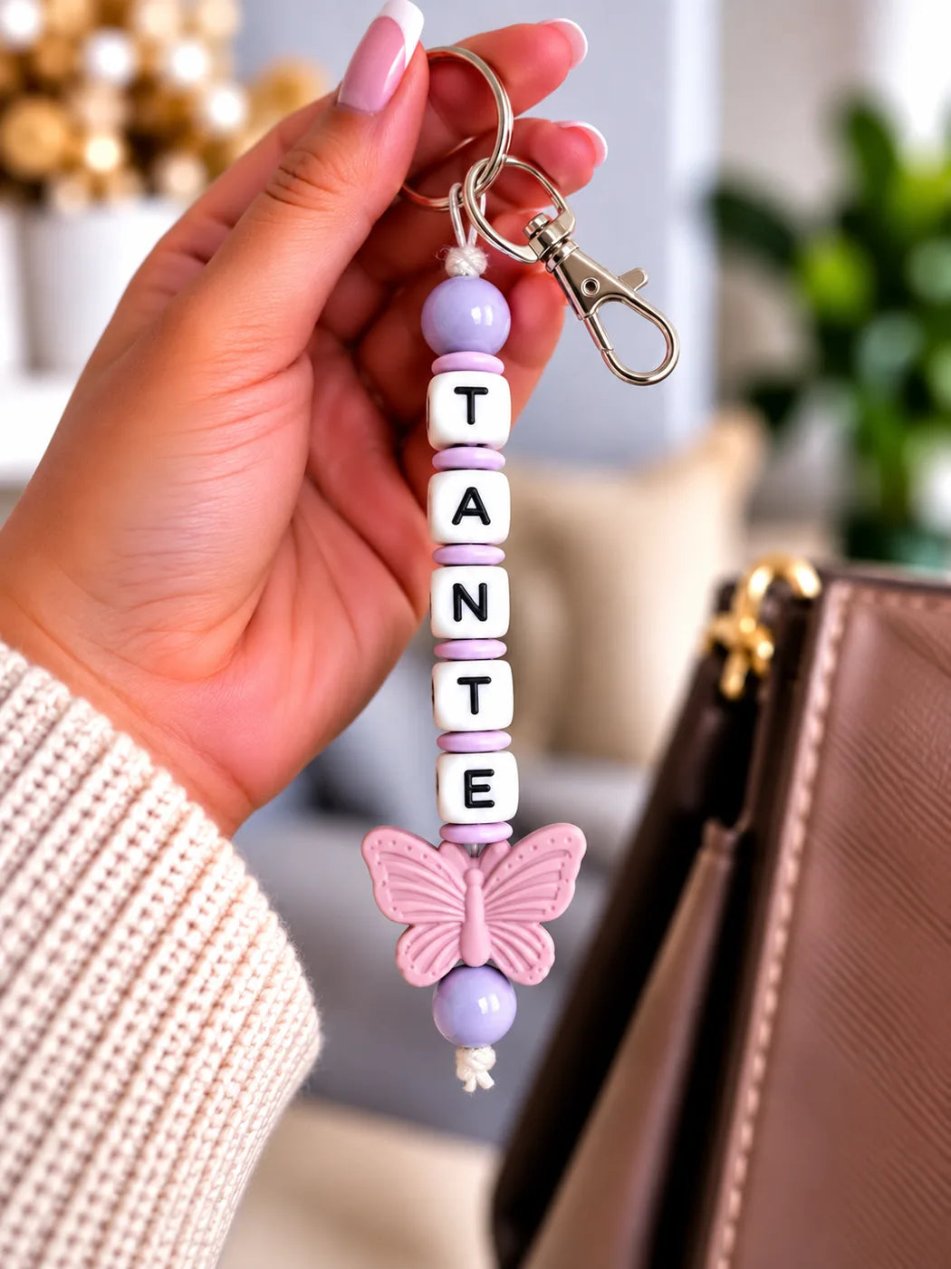 Personalisierter Schlüsselanhänger Schmetterling von BabyLions® mit Schriftzug TANTE, rosa Schmetterlingsmotiv und fliederfarbenen Perlen, in einer Hand gehalten.