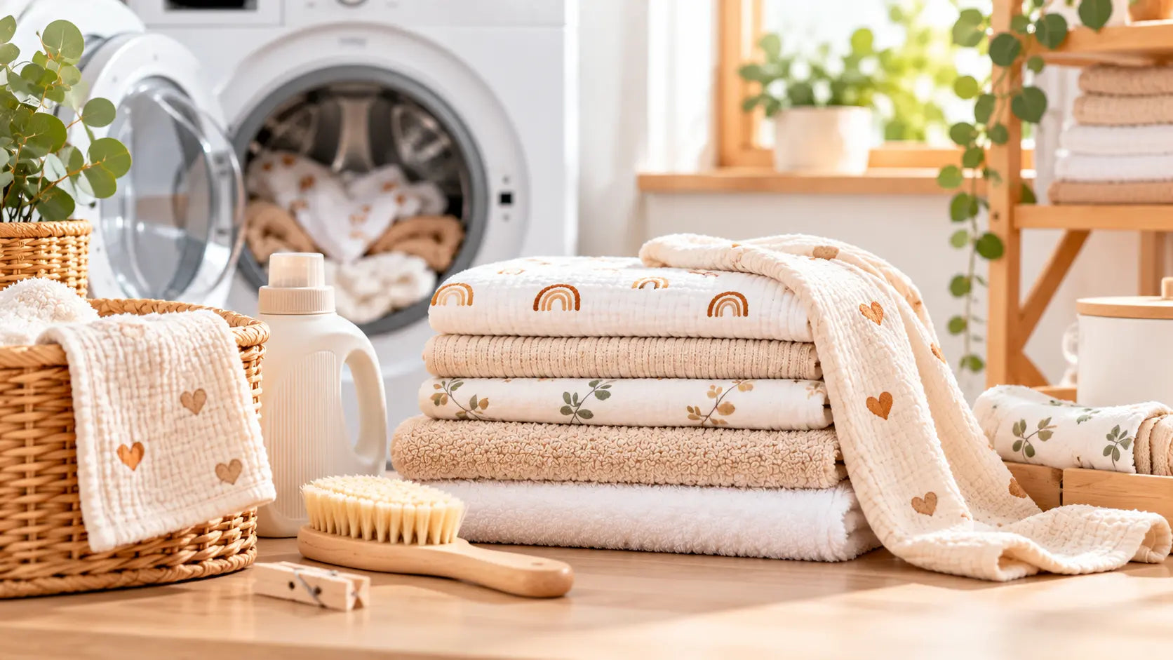 Pflege- und Waschanleitung für Baby- und Kindertextilien mit Waschmaschine, Handtüchern und weichen Stoffen