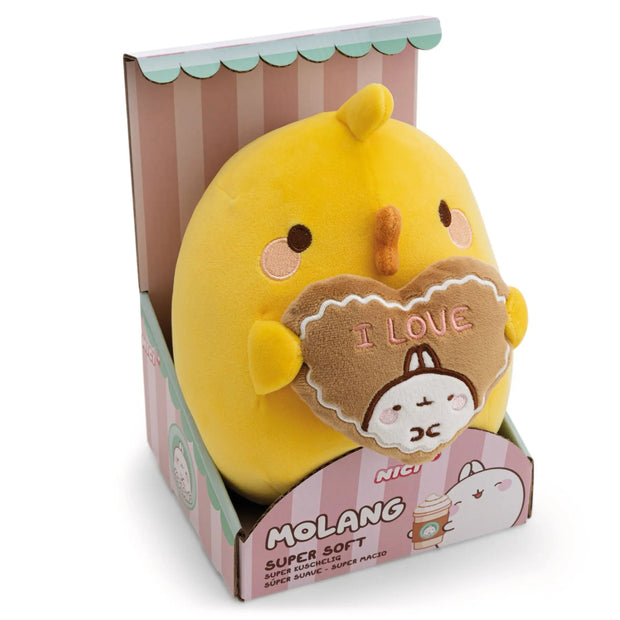 Piu Piu Kuscheltier 16 cm als gelbes Küken mit braunem Lebkuchenherz und I LOVE Stickerei in Geschenkverpackung.