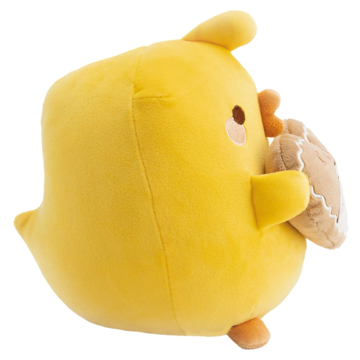 Piu Piu Kuscheltier 16 cm in Seitenansicht mit gelbem Plüschkörper, kleinen Flügeln und braunem Lebkuchenherz.