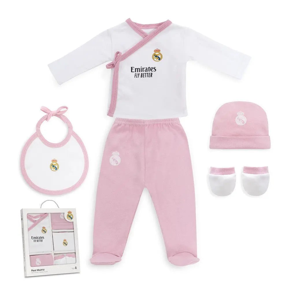 Baby Erstausstattungsset Real Madrid 5 teilig rosa Set mit Body Hose Mütze Lätzchen und Fäustlinge für Neugeborene