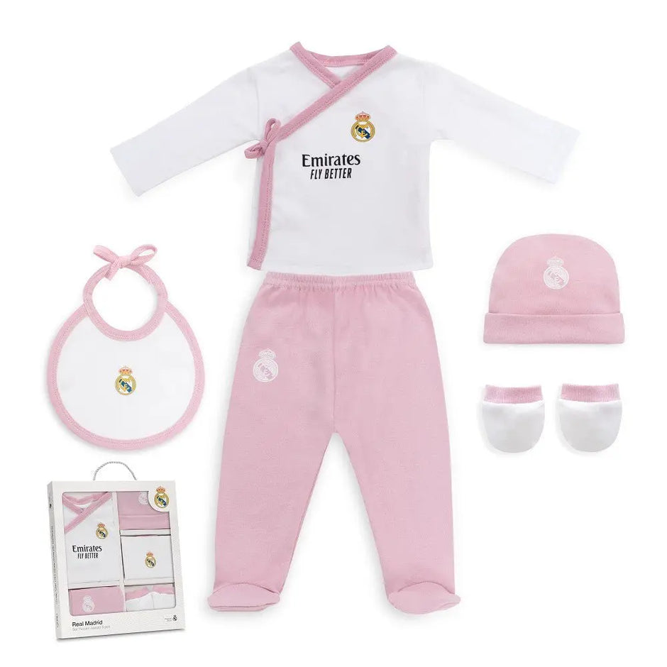 Baby Erstausstattungsset Real Madrid 5 teilig rosa Set mit Body Hose Mütze Lätzchen und Fäustlinge für Neugeborene