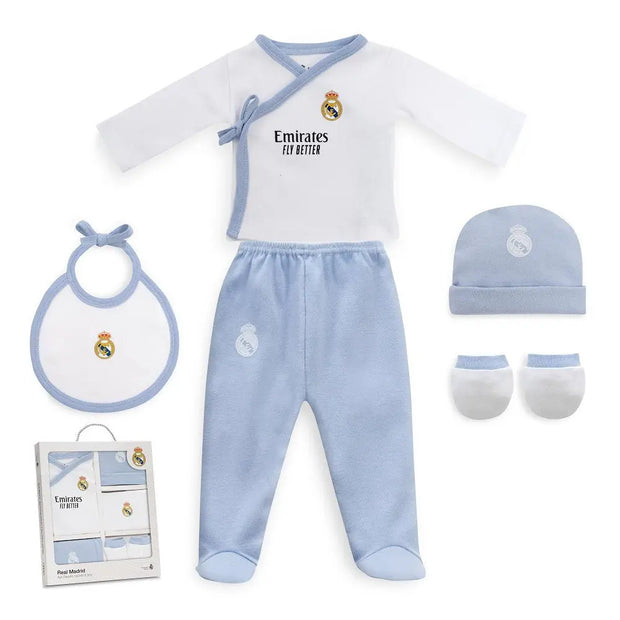 Real Madrid Baby Erstausstattungs Set 5 teilig blau Strampler Hose Mütze Lätzchen Socken