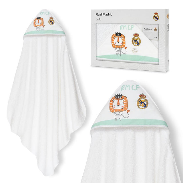 Real Madrid Baby Kapuzenhandtuch Löwe– 100% Baumwolle, 100×100 cm - Babylions