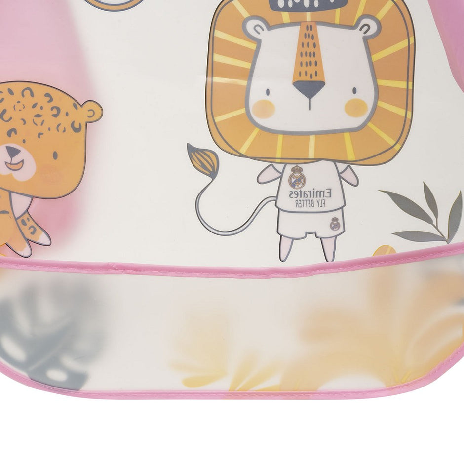 Real Madrid Baby Langarm-Lätzchen rosa mit Löwenmotiv Detail – wasserdichtes Ärmellätzchen für Babys