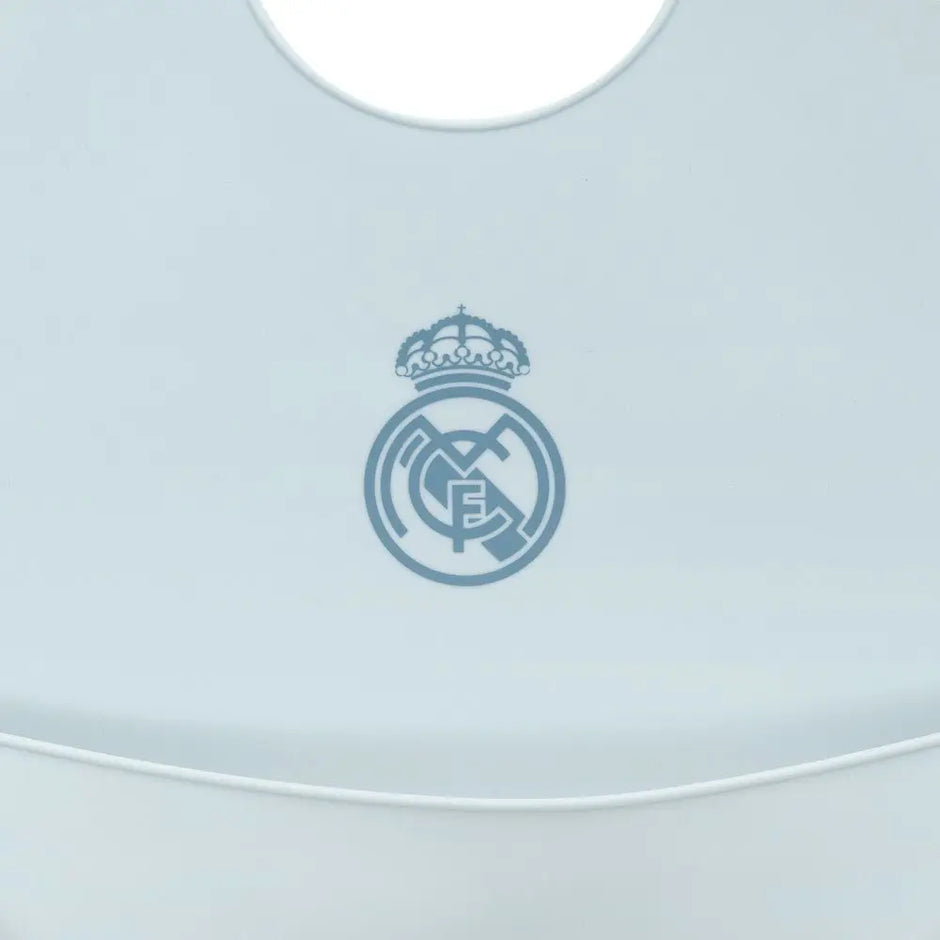 Real Madrid Logo auf Baby Silikon Lätzchen blau BPA frei Detail
