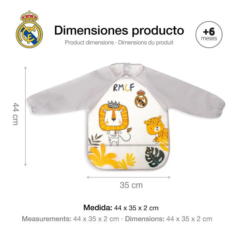 Real Madrid Baby Lätzchen mit Ärmeln grau Löwen Motiv Maße 44x35 cm wasserdicht ab 6 Monate