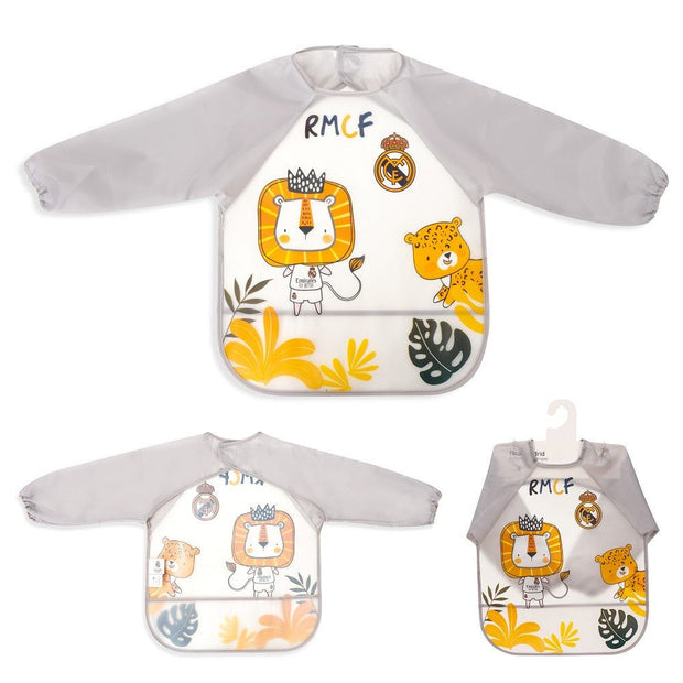Real Madrid Baby Lätzchen mit Ärmeln – Grau mit Löwen - Motiv, wasserdicht - Babylions